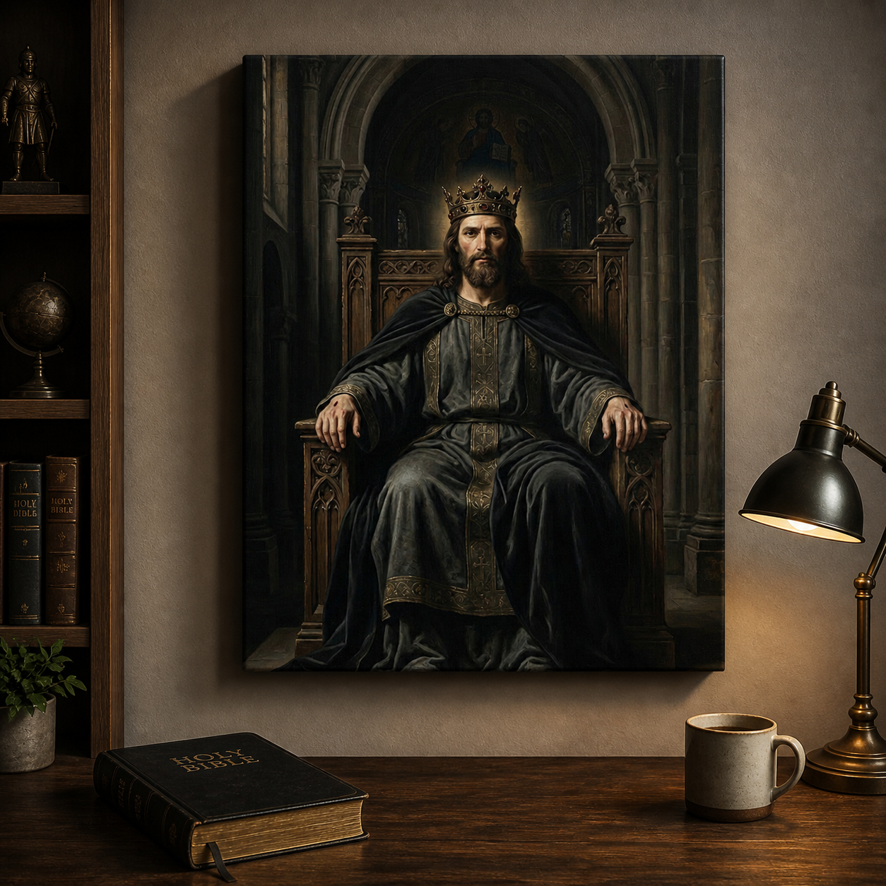 Strength and Legacy Christian art for men featuring Christ the King and masculine faith decor