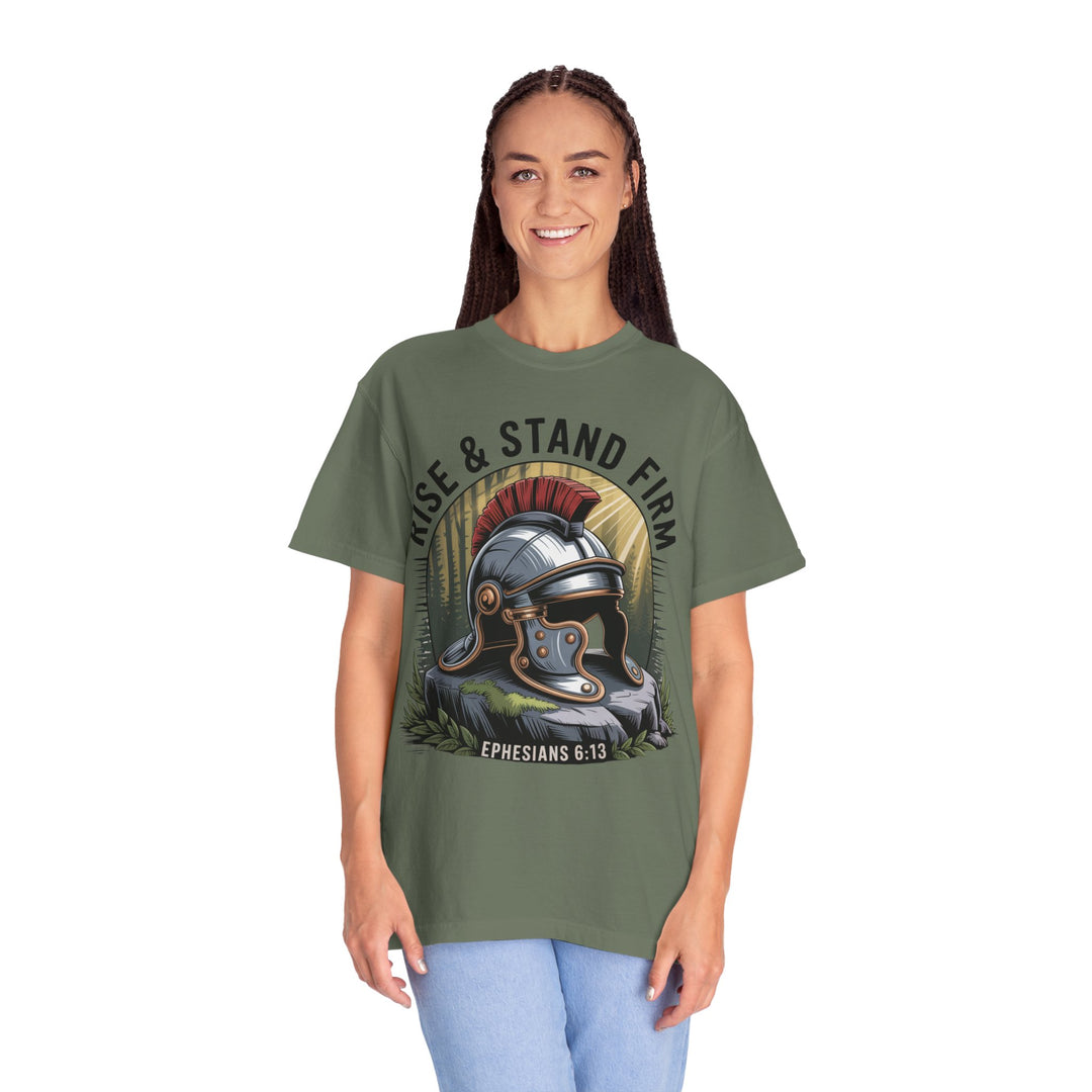 Faithful Warrior Unisex T-shirt - Rise & Stand Firm with Roman Helmet Design
