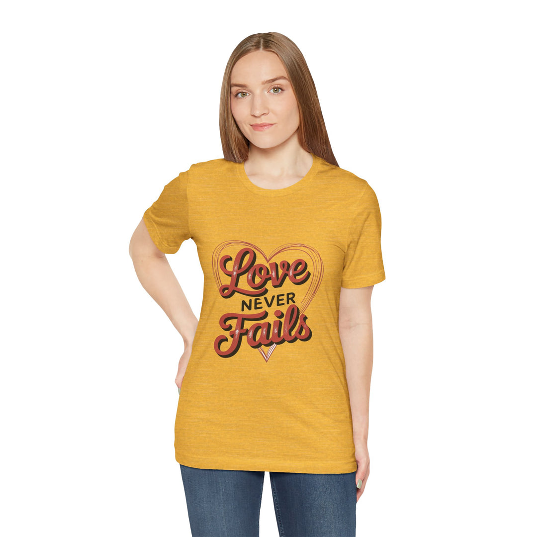 Love Never Fails – 1 Corinthians 13 Retro Heart T-Shirt