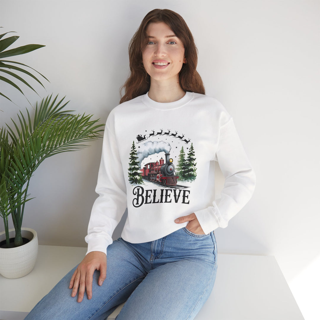 Believe Train Sweatshirt, Cozy Winter Crewneck, Christmas Gift, Holiday Apparel, Unisex Fleece