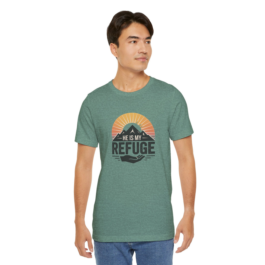 He Is My Refuge, Mountain Sunset Graphic Tee, Inspirational T-Shirt, Unisex Comfort Wear, Casual Outfit, Perfect Gift for Nature Lovers