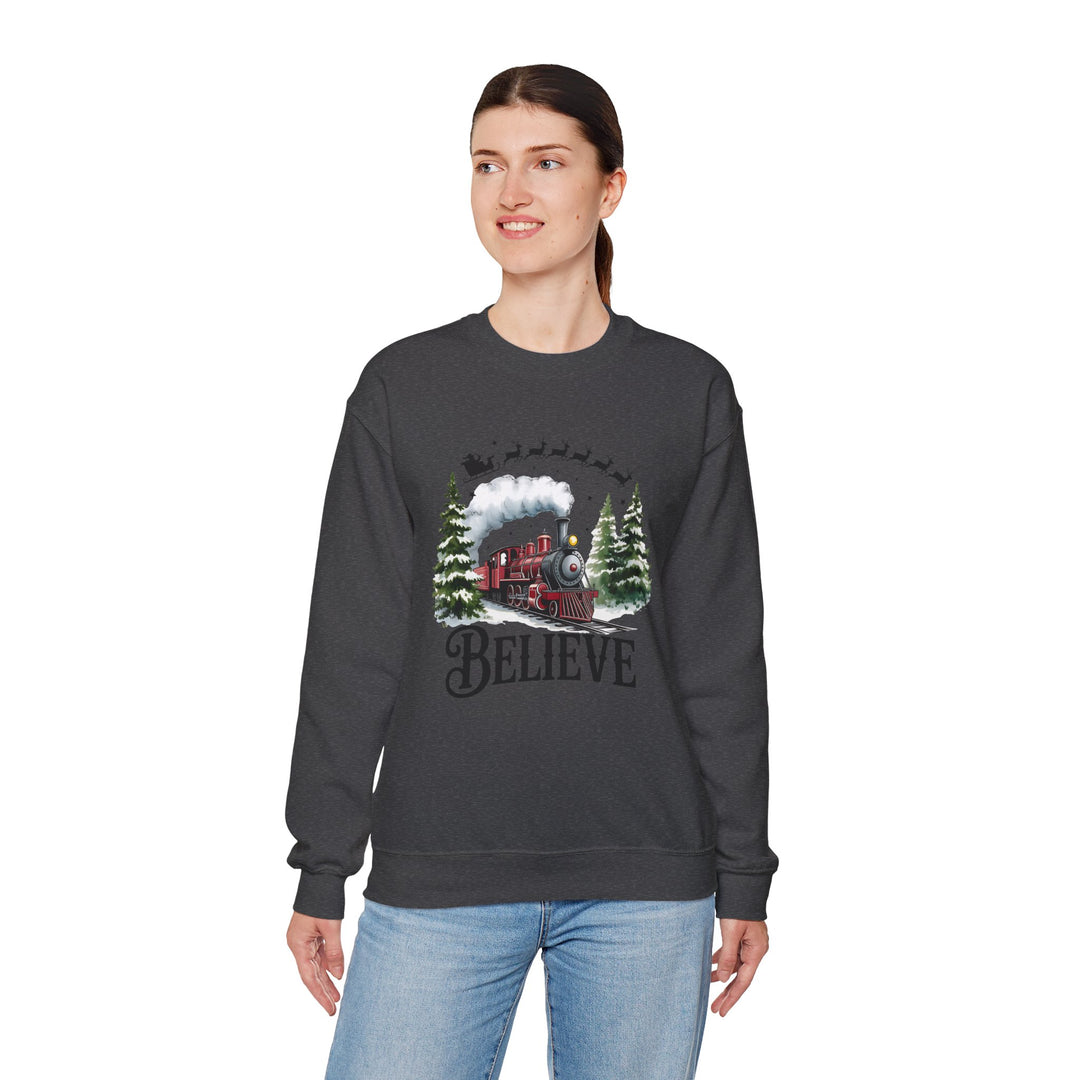 Believe Train Sweatshirt, Cozy Winter Crewneck, Christmas Gift, Holiday Apparel, Unisex Fleece