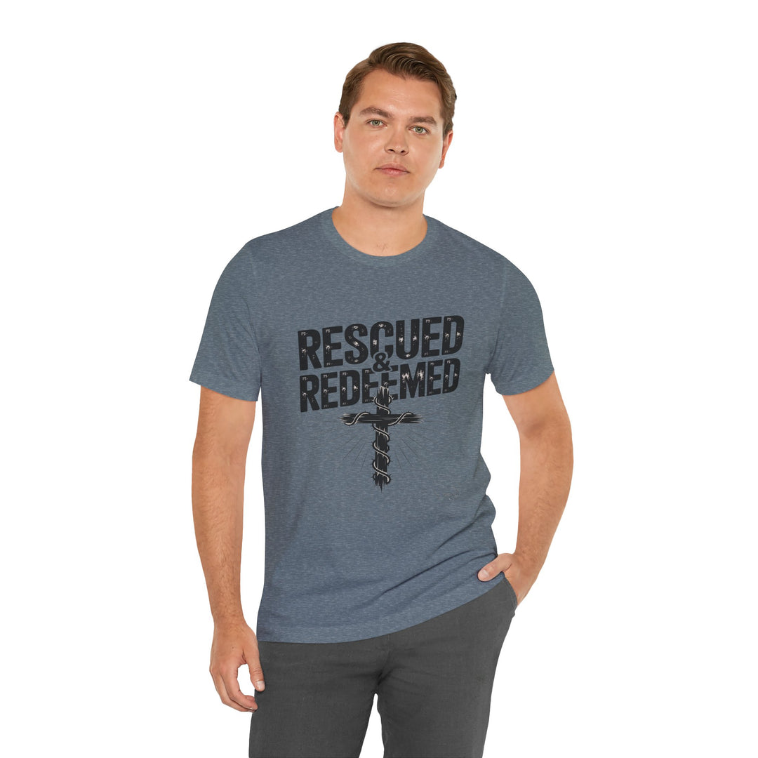 Faith-Inspired Unisex Jersey Tee - Rescued & Redeemed, Christian T-Shirt, Inspirational Apparel, Gift for Believers, Casual Wear