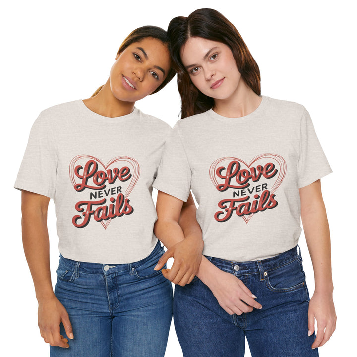 Love Never Fails – 1 Corinthians 13 Retro Heart T-Shirt