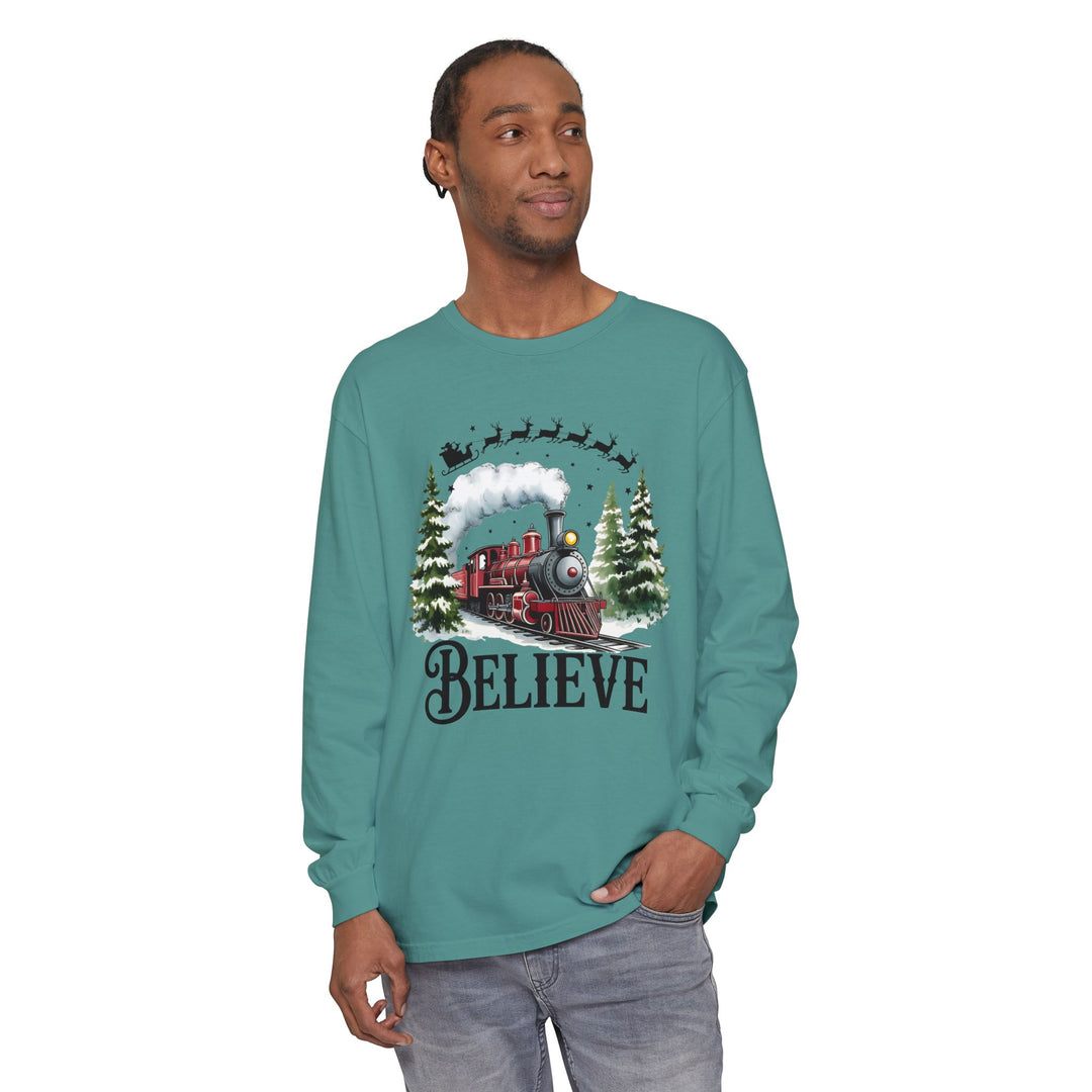 Believe Santa Train Long Sleeve Tee, Cozy Gift for Christmas, Unisex Shirt, Holiday Apparel, Festive Outfit, Winter Wear, Seasonal T-Shirt