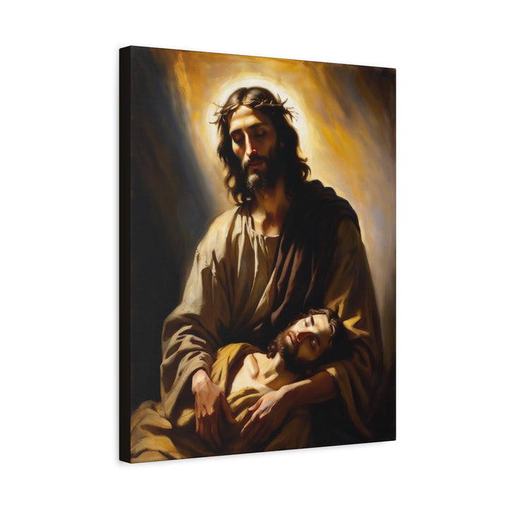 In the Arms of Christ | Peaceful Religious Art Canvas – Christian Wall Décor for Home or Church