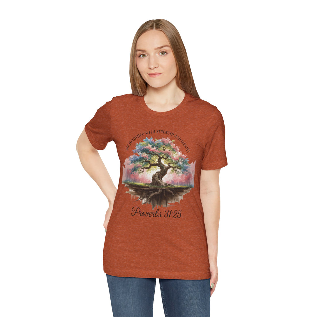 Tree of Life Tee Shirt - She Is Clothed with Strength and Dignity Proverbs 31:25 Watercolor Design