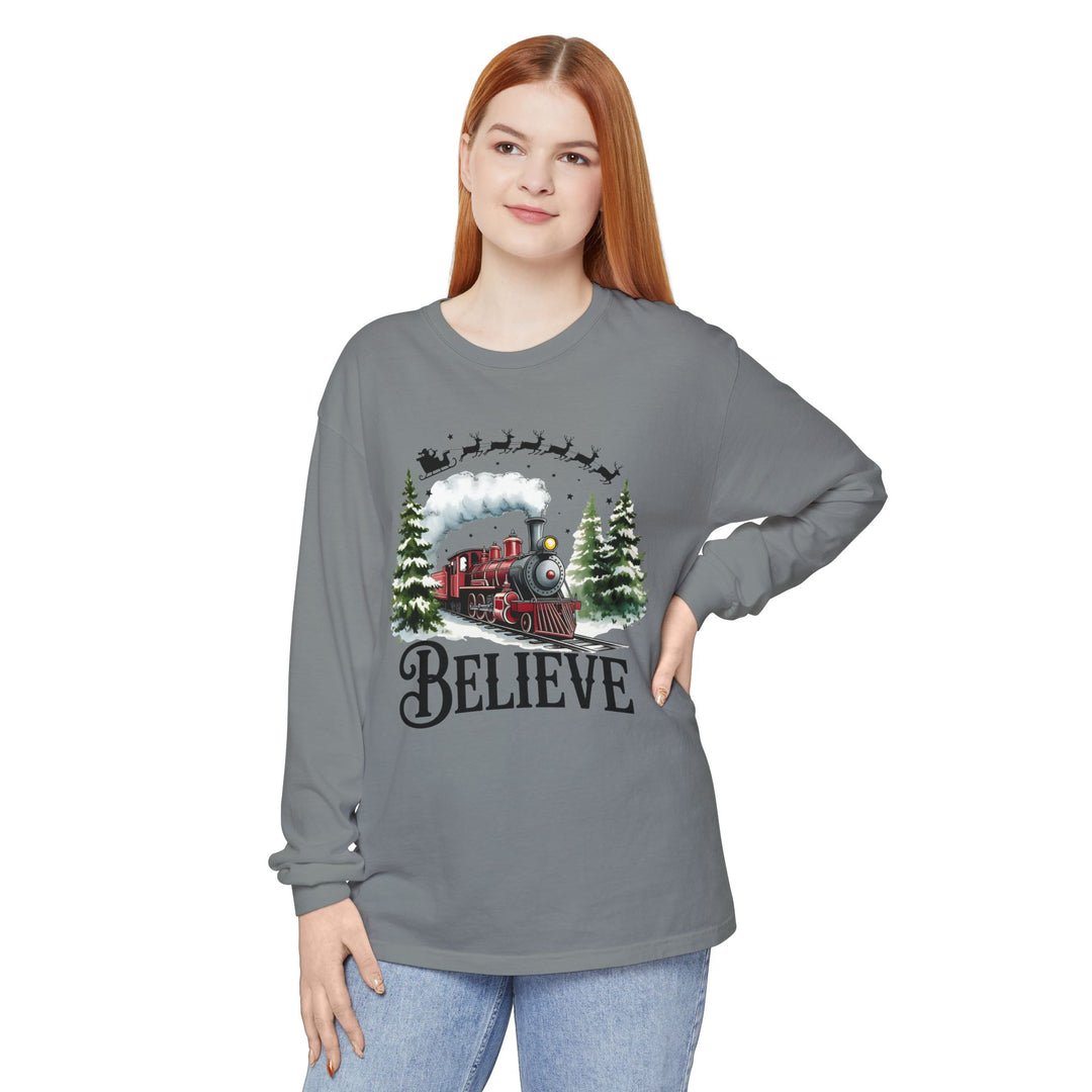 Believe Santa Train Long Sleeve Tee, Cozy Gift for Christmas, Unisex Shirt, Holiday Apparel, Festive Outfit, Winter Wear, Seasonal T-Shirt