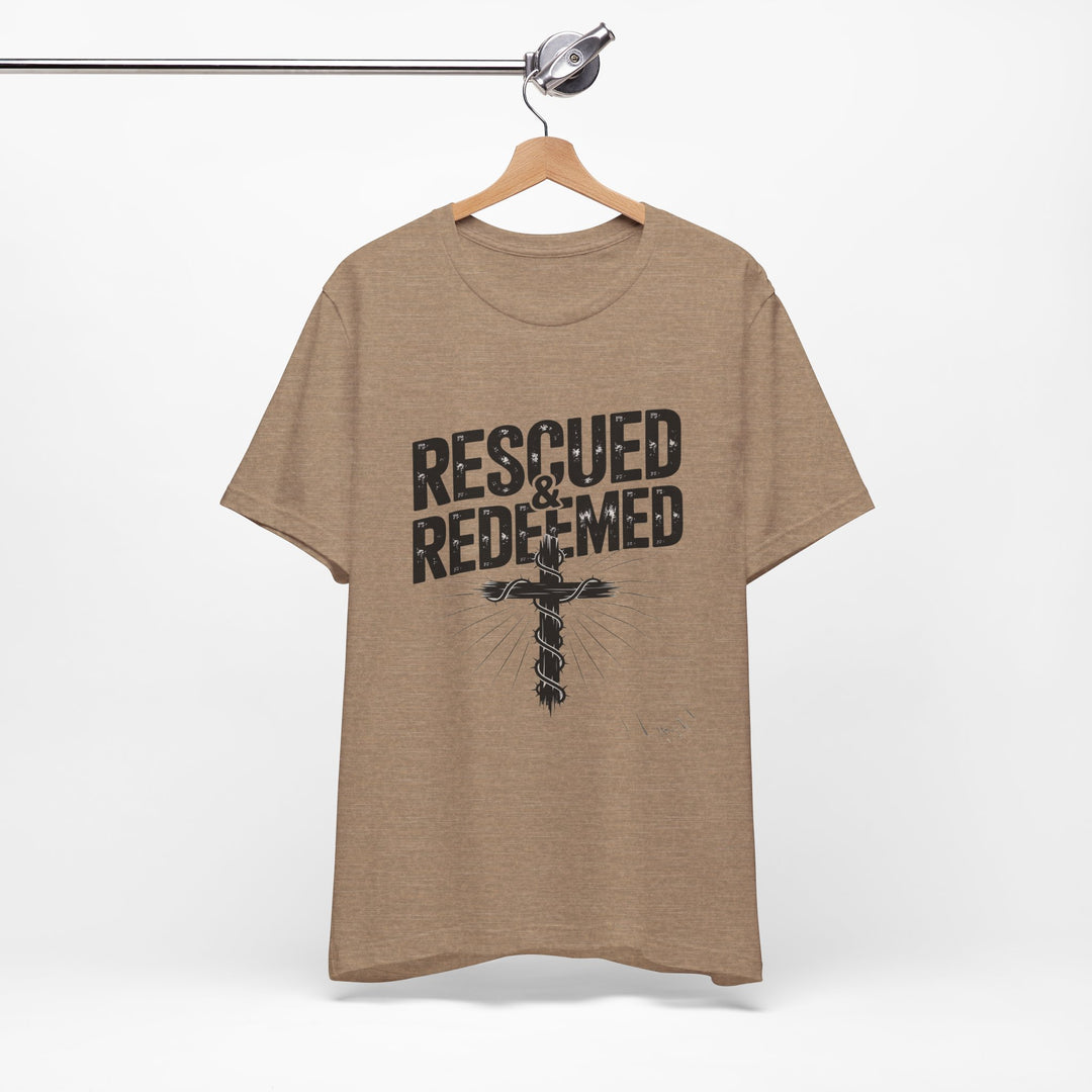 Faith-Inspired Unisex Jersey Tee - Rescued & Redeemed, Christian T-Shirt, Inspirational Apparel, Gift for Believers, Casual Wear