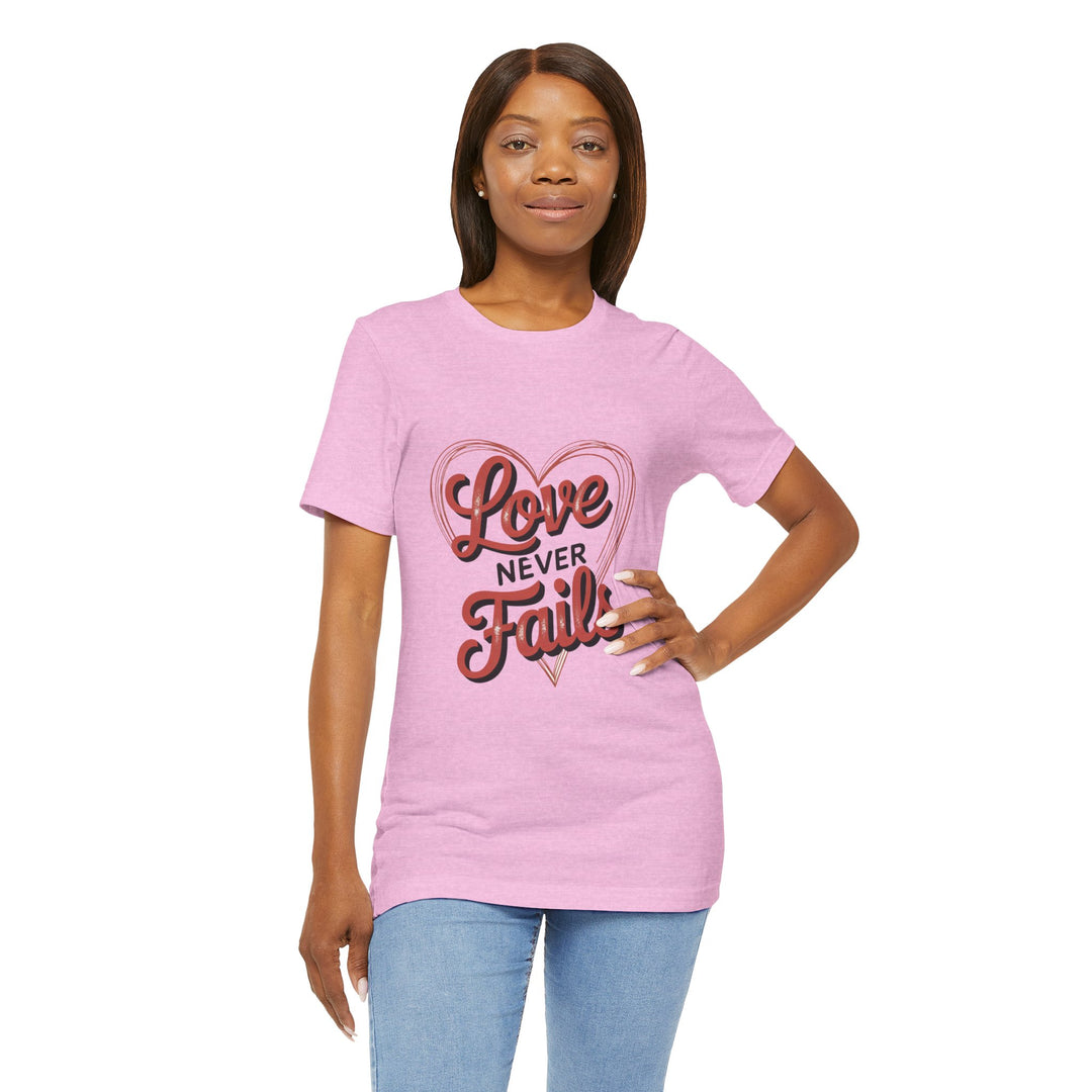 Love Never Fails – 1 Corinthians 13 Retro Heart T-Shirt