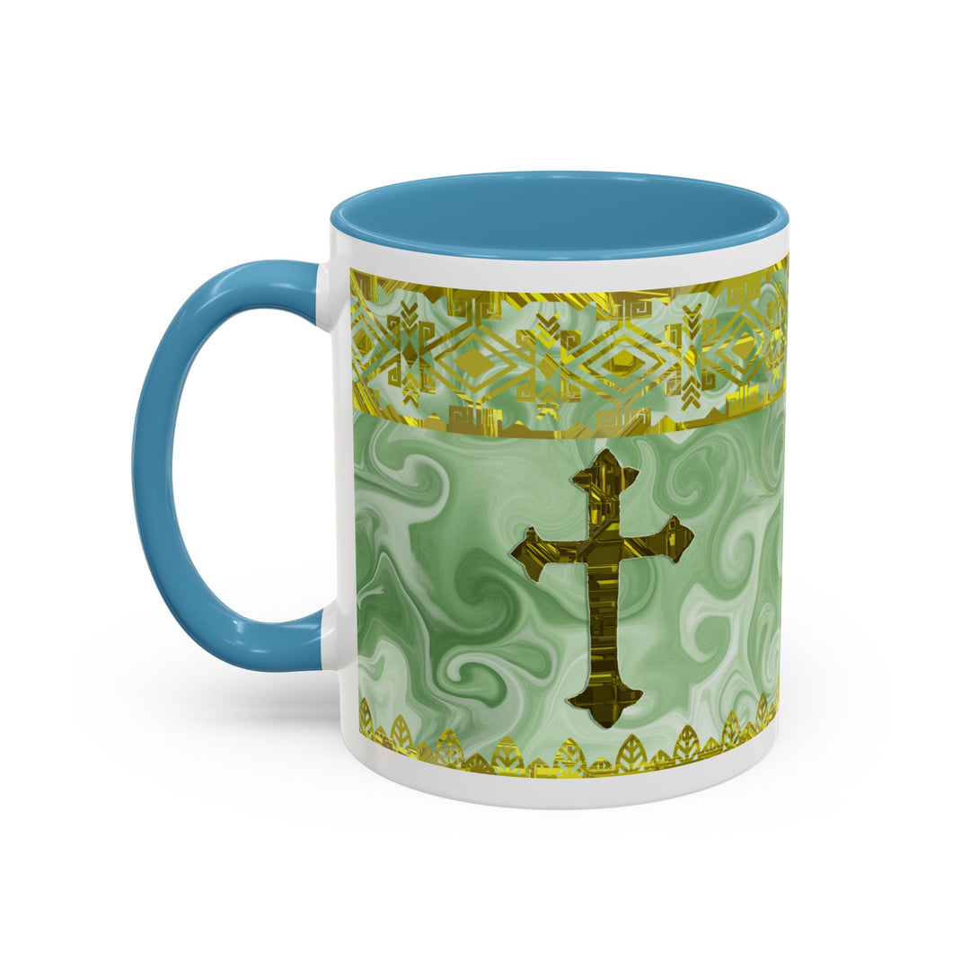 Gold Cross on Mint Marble – Elegant Christian Mug