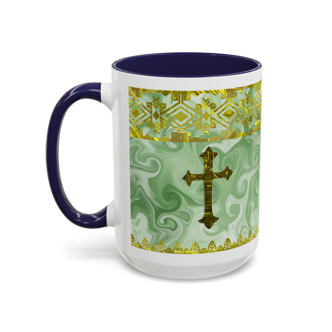Gold Cross on Mint Marble – Elegant Christian Mug