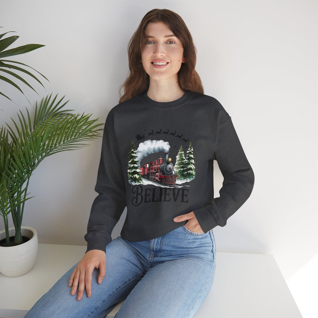 Believe Train Sweatshirt, Cozy Winter Crewneck, Christmas Gift, Holiday Apparel, Unisex Fleece