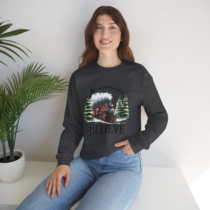 Believe Train Sweatshirt, Cozy Winter Crewneck, Christmas Gift, Holiday Apparel, Unisex Fleece
