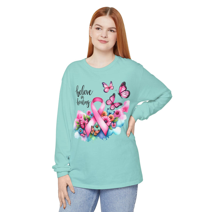 Breast Cancer Awareness Long Sleeve Tee, Supportive Gift, Inspirational Shirt for Women, Hope, Healing, Mother’s Day, Fundraising Event