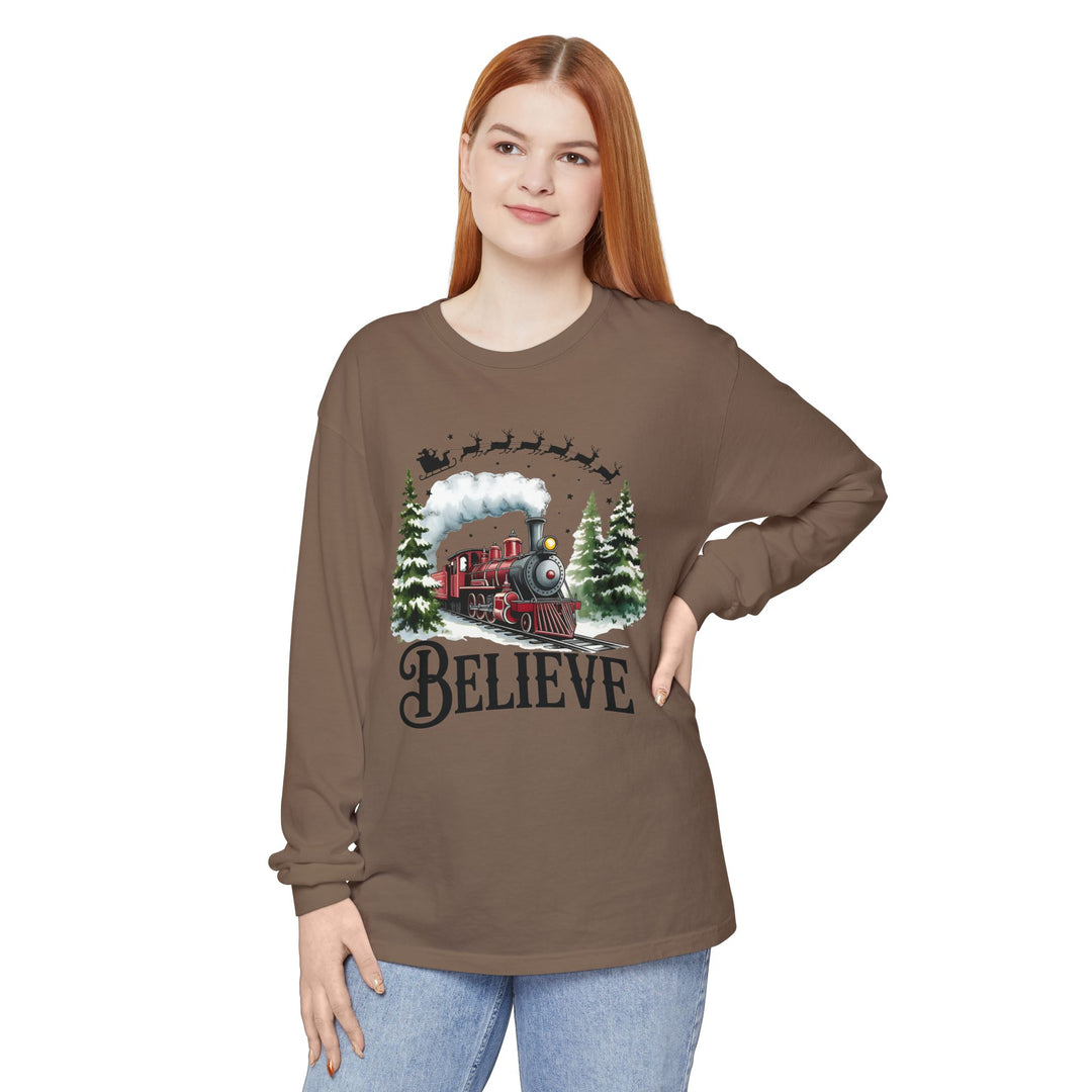 Believe Santa Train Long Sleeve Tee, Cozy Gift for Christmas, Unisex Shirt, Holiday Apparel, Festive Outfit, Winter Wear, Seasonal T-Shirt