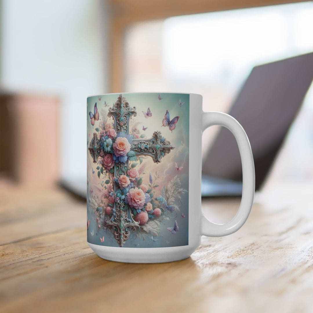 Faith & Beauty Cross Floral Mug – Christian Coffee Cup with Butterflies