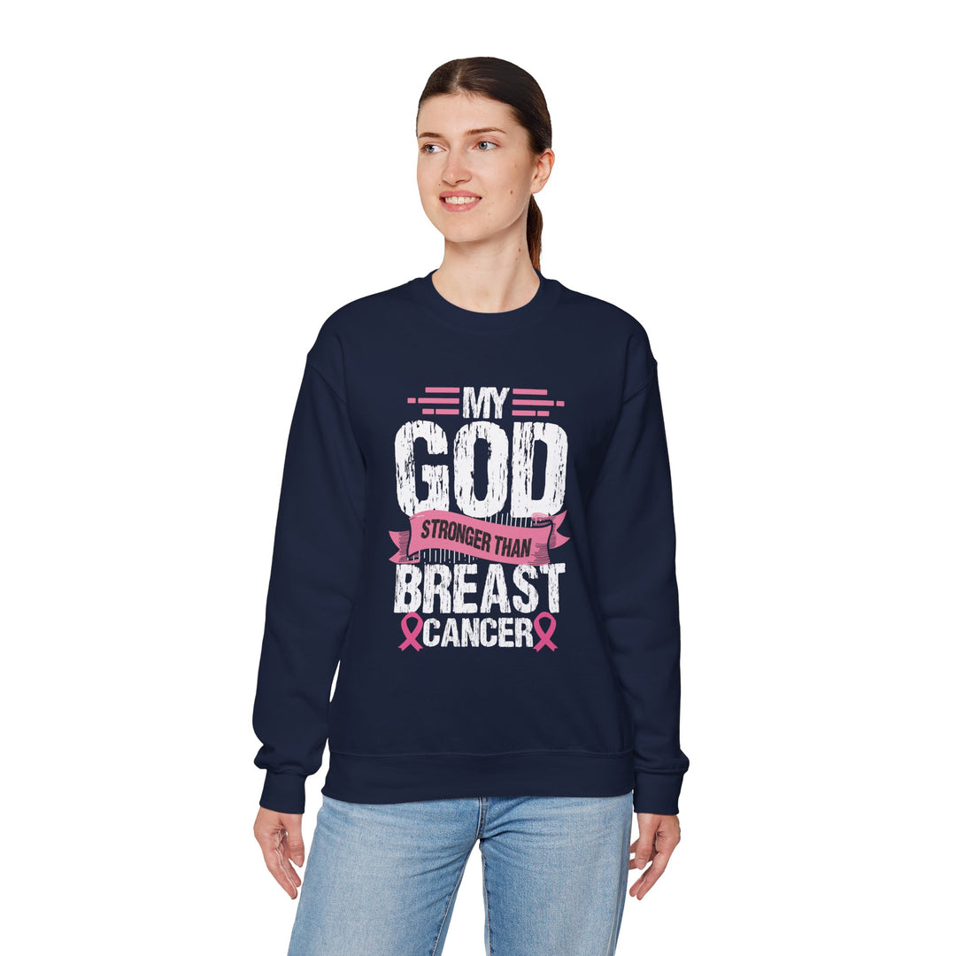 Breast Cancer Awareness Crewneck Sweatshirt, God is Stronger Than Breast Cancer, Inspirational Gift, Unisex Pullover, Support Awareness