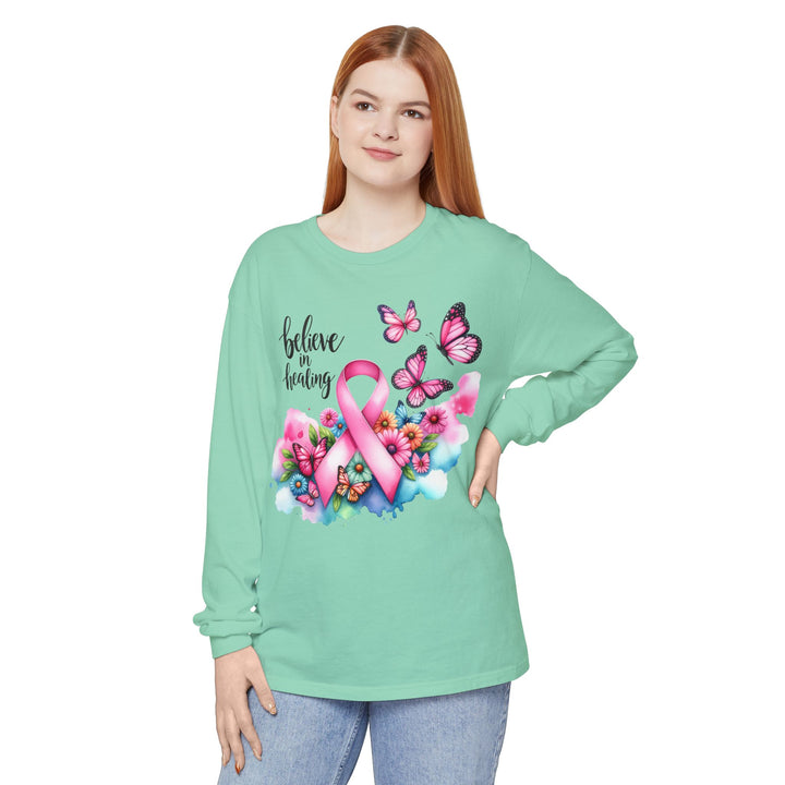 Breast Cancer Awareness Long Sleeve Tee, Supportive Gift, Inspirational Shirt for Women, Hope, Healing, Mother’s Day, Fundraising Event