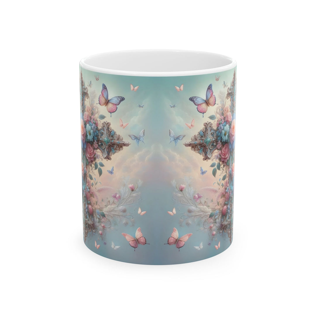 Faith & Beauty Cross Floral Mug – Christian Coffee Cup with Butterflies