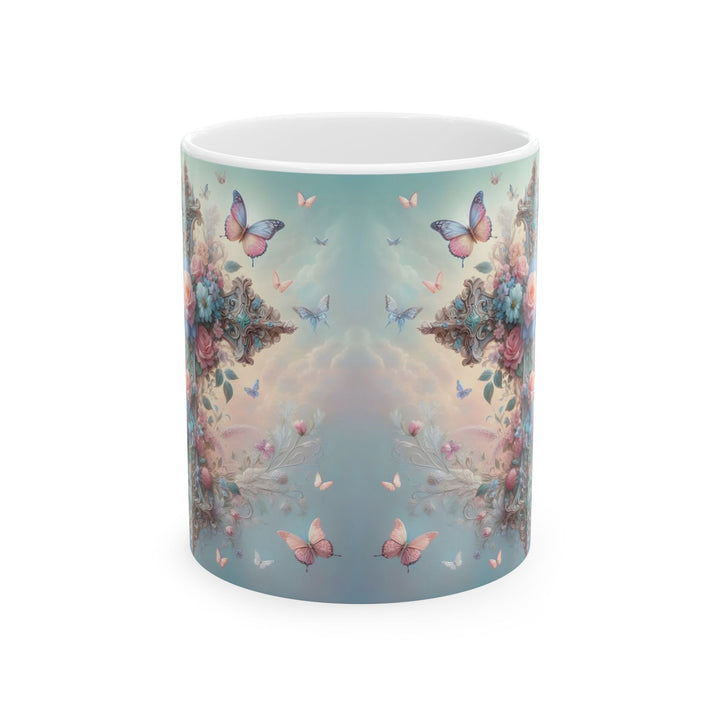 Faith & Beauty Cross Floral Mug – Christian Coffee Cup with Butterflies