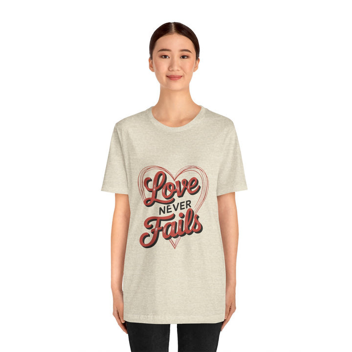 Love Never Fails – 1 Corinthians 13 Retro Heart T-Shirt