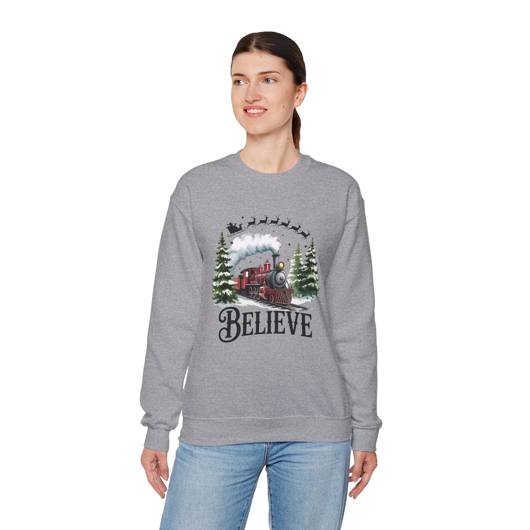 Believe Train Sweatshirt, Cozy Winter Crewneck, Christmas Gift, Holiday Apparel, Unisex Fleece