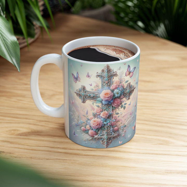 Faith & Beauty Cross Floral Mug – Christian Coffee Cup with Butterflies