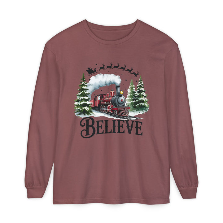 Believe Santa Train Long Sleeve Tee, Cozy Gift for Christmas, Unisex Shirt, Holiday Apparel, Festive Outfit, Winter Wear, Seasonal T-Shirt