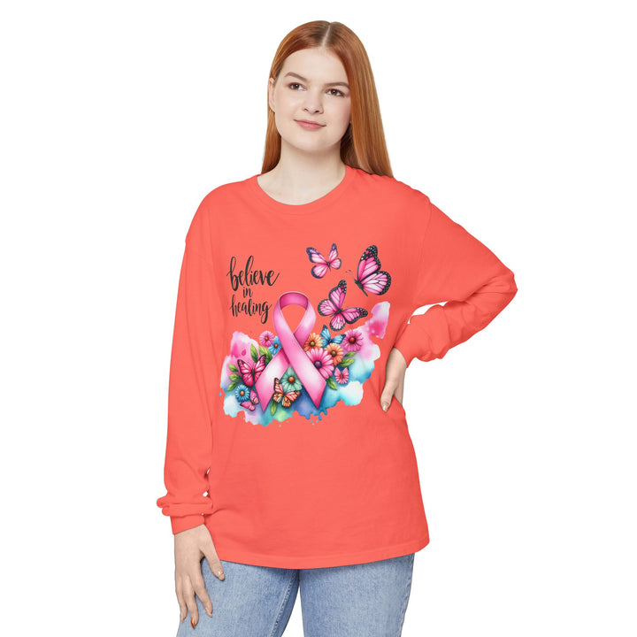 Breast Cancer Awareness Long Sleeve Tee, Supportive Gift, Inspirational Shirt for Women, Hope, Healing, Mother’s Day, Fundraising Event