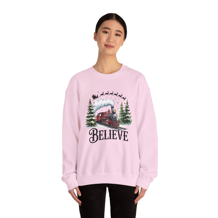 Believe Train Sweatshirt, Cozy Winter Crewneck, Christmas Gift, Holiday Apparel, Unisex Fleece