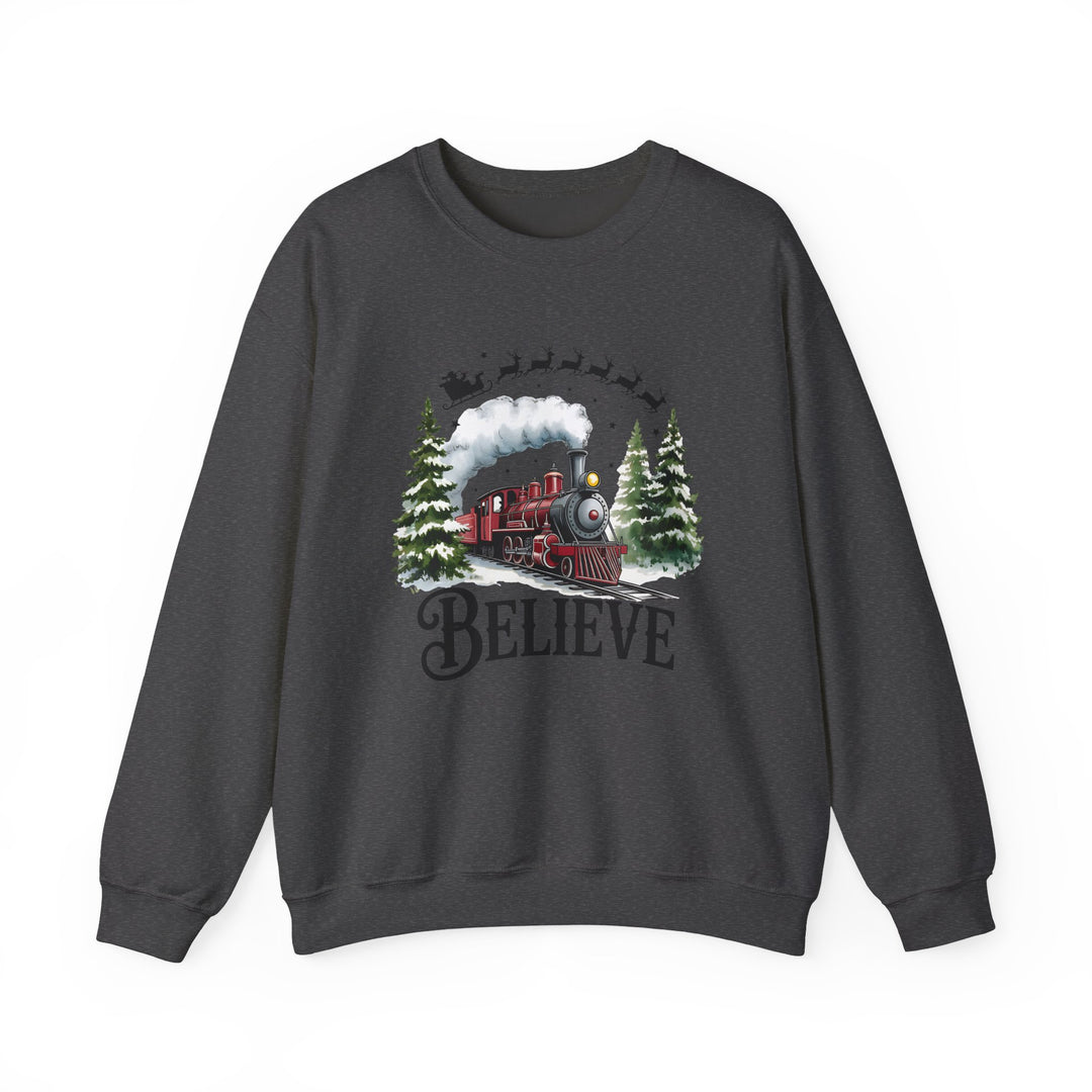 Believe Train Sweatshirt, Cozy Winter Crewneck, Christmas Gift, Holiday Apparel, Unisex Fleece