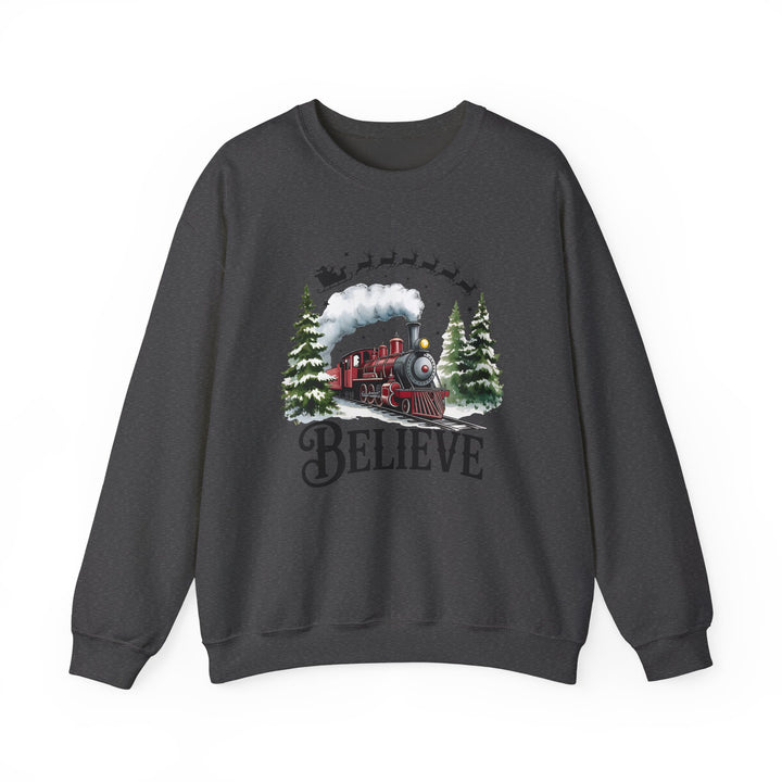 Believe Train Sweatshirt, Cozy Winter Crewneck, Christmas Gift, Holiday Apparel, Unisex Fleece