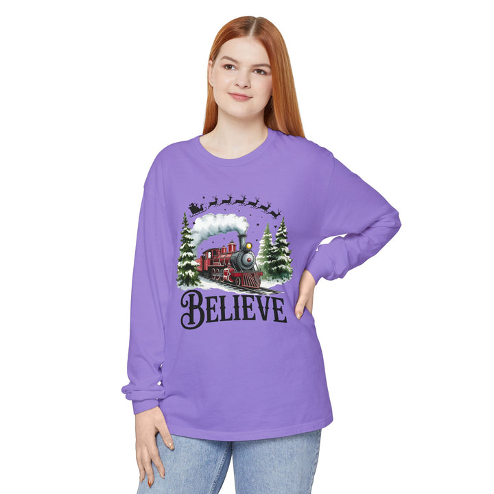 Believe Santa Train Long Sleeve Tee, Cozy Gift for Christmas, Unisex Shirt, Holiday Apparel, Festive Outfit, Winter Wear, Seasonal T-Shirt