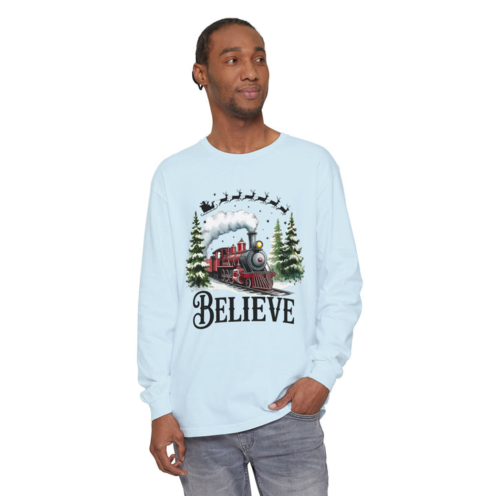 Believe Santa Train Long Sleeve Tee, Cozy Gift for Christmas, Unisex Shirt, Holiday Apparel, Festive Outfit, Winter Wear, Seasonal T-Shirt