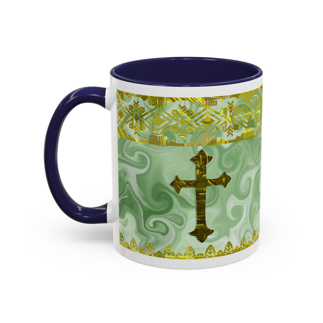 Gold Cross on Mint Marble – Elegant Christian Mug