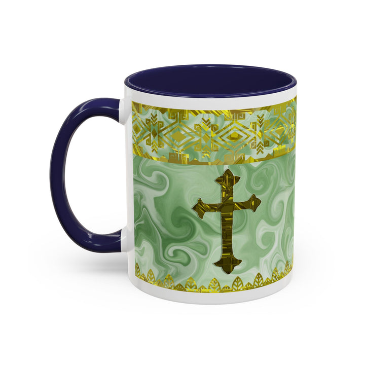 Gold Cross on Mint Marble – Elegant Christian Mug