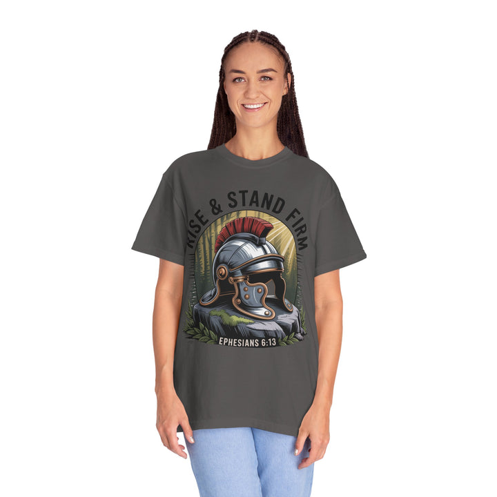 Faithful Warrior Unisex T-shirt - Rise & Stand Firm with Roman Helmet Design