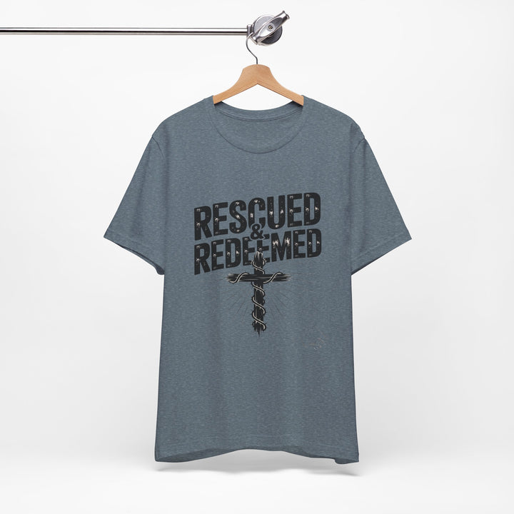 Faith-Inspired Unisex Jersey Tee - Rescued & Redeemed, Christian T-Shirt, Inspirational Apparel, Gift for Believers, Casual Wear