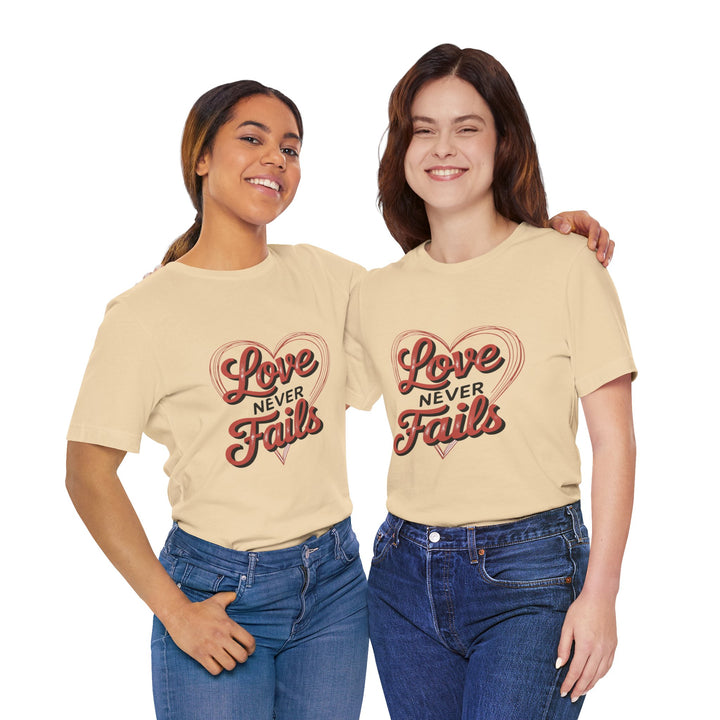 Love Never Fails – 1 Corinthians 13 Retro Heart T-Shirt