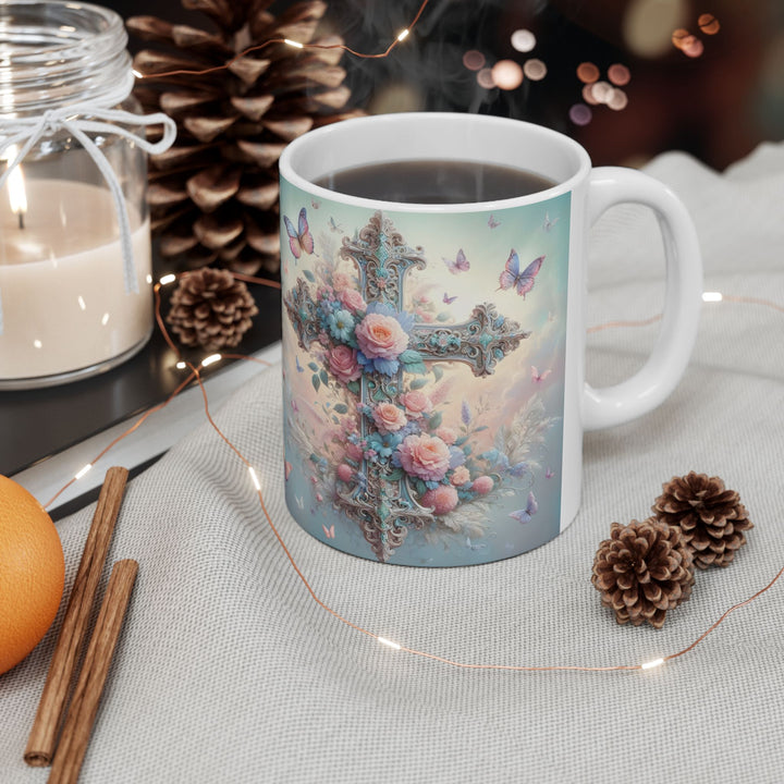 Faith & Beauty Cross Floral Mug – Christian Coffee Cup with Butterflies