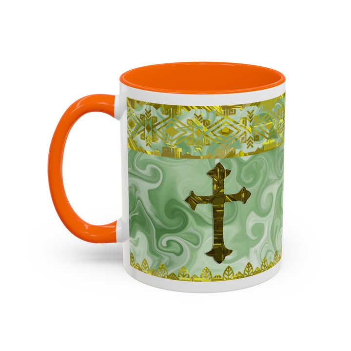 Gold Cross on Mint Marble – Elegant Christian Mug