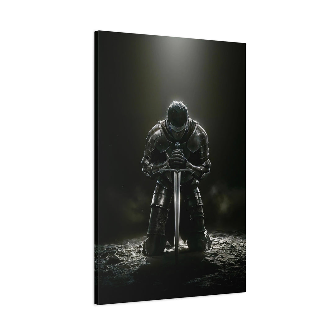 Kneeling Knight Matte Canvas Print — Dark Medieval Armor Sword Wall Art