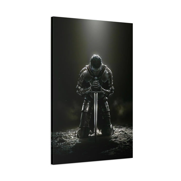 Kneeling Knight Matte Canvas Print — Dark Medieval Armor Sword Wall Art