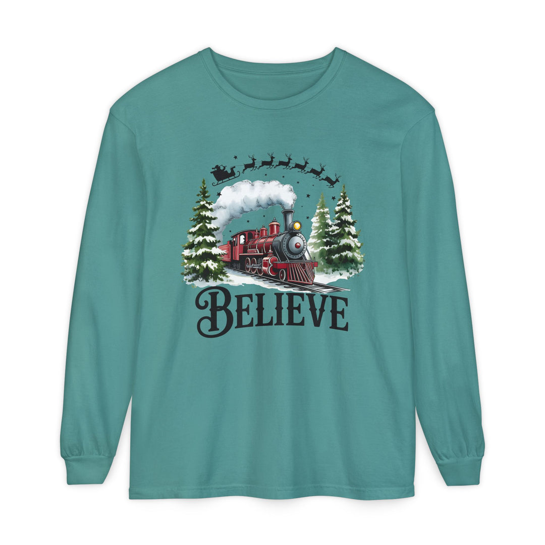 Believe Santa Train Long Sleeve Tee, Cozy Gift for Christmas, Unisex Shirt, Holiday Apparel, Festive Outfit, Winter Wear, Seasonal T-Shirt