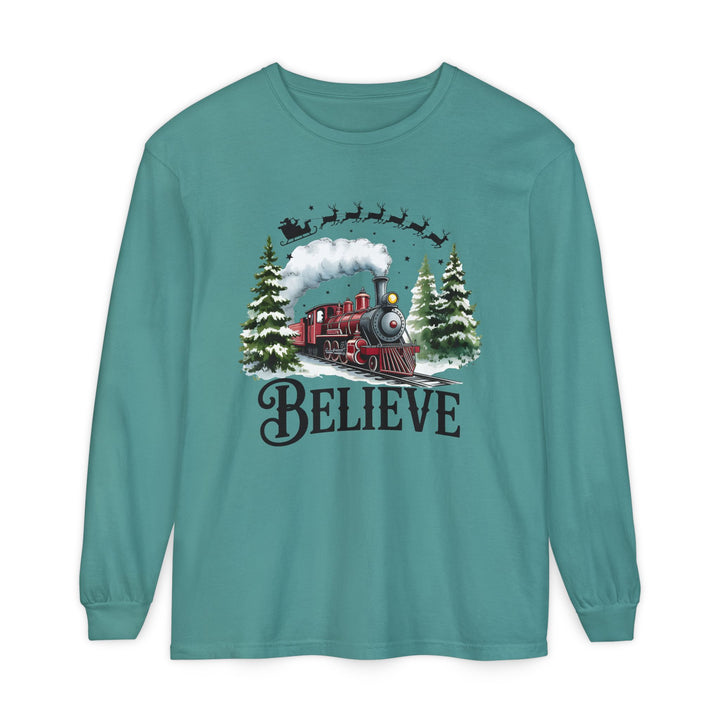 Believe Santa Train Long Sleeve Tee, Cozy Gift for Christmas, Unisex Shirt, Holiday Apparel, Festive Outfit, Winter Wear, Seasonal T-Shirt