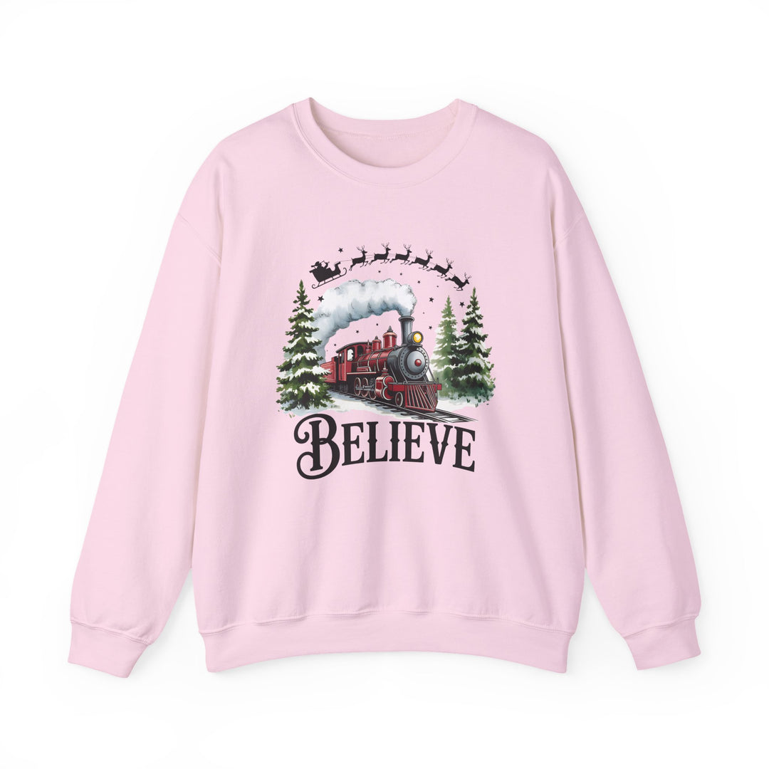Believe Train Sweatshirt, Cozy Winter Crewneck, Christmas Gift, Holiday Apparel, Unisex Fleece
