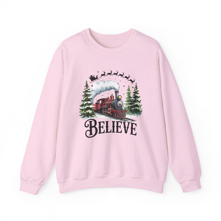 Believe Train Sweatshirt, Cozy Winter Crewneck, Christmas Gift, Holiday Apparel, Unisex Fleece