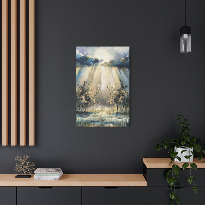 Faithful Through the Storm – Christian Canvas Wall Art | Light Breaking Through Clouds