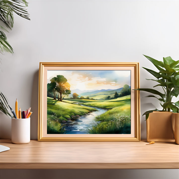 Still Waters – Watercolor Landscape Print Inspired by Psalm 23